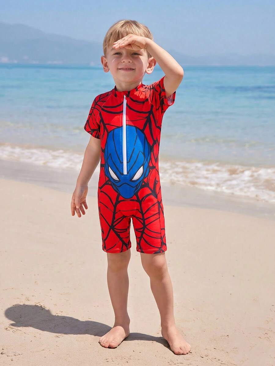 SHEIN 1 buah Baju Renang Terusan Lengan Panjang Motif Kartun Kasual Lucu untuk Anak Laki-Laki, Cocok untuk Pantai, Kolam Renang, Musim Semi dan Musim Panas