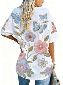 EMERY ROSE Large-Sized Women's Butterfly And Floral Print Short-Sleeved Round-Neck T-Shirt, Faux Embroidery Pattern Printed Casual T-Shirt, Summer Edition - Multicolor - View 2