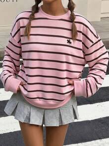 美拉德棕色與粉色拼接條紋、學院風印花、青少年女孩休閒極簡寬鬆圓領舒適長袖衛衣，適合秋冬/日常通勤/聚會/秋冬/夏季/聖誕節/新年/感恩節/派對/婚禮/海灘/畢業典禮/時尚 - 彩色 - 查看 1