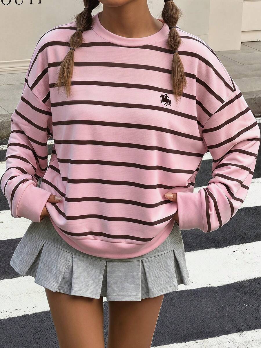 美拉德棕色與粉色拼接條紋、學院風印花、青少年女孩休閒極簡寬鬆圓領舒適長袖衛衣,適合秋冬/日常通勤/聚會/秋冬/夏季/聖誕節/新年/感恩節/派對/婚禮/海灘/畢業典禮/時尚 - 彩色 - 查看 1