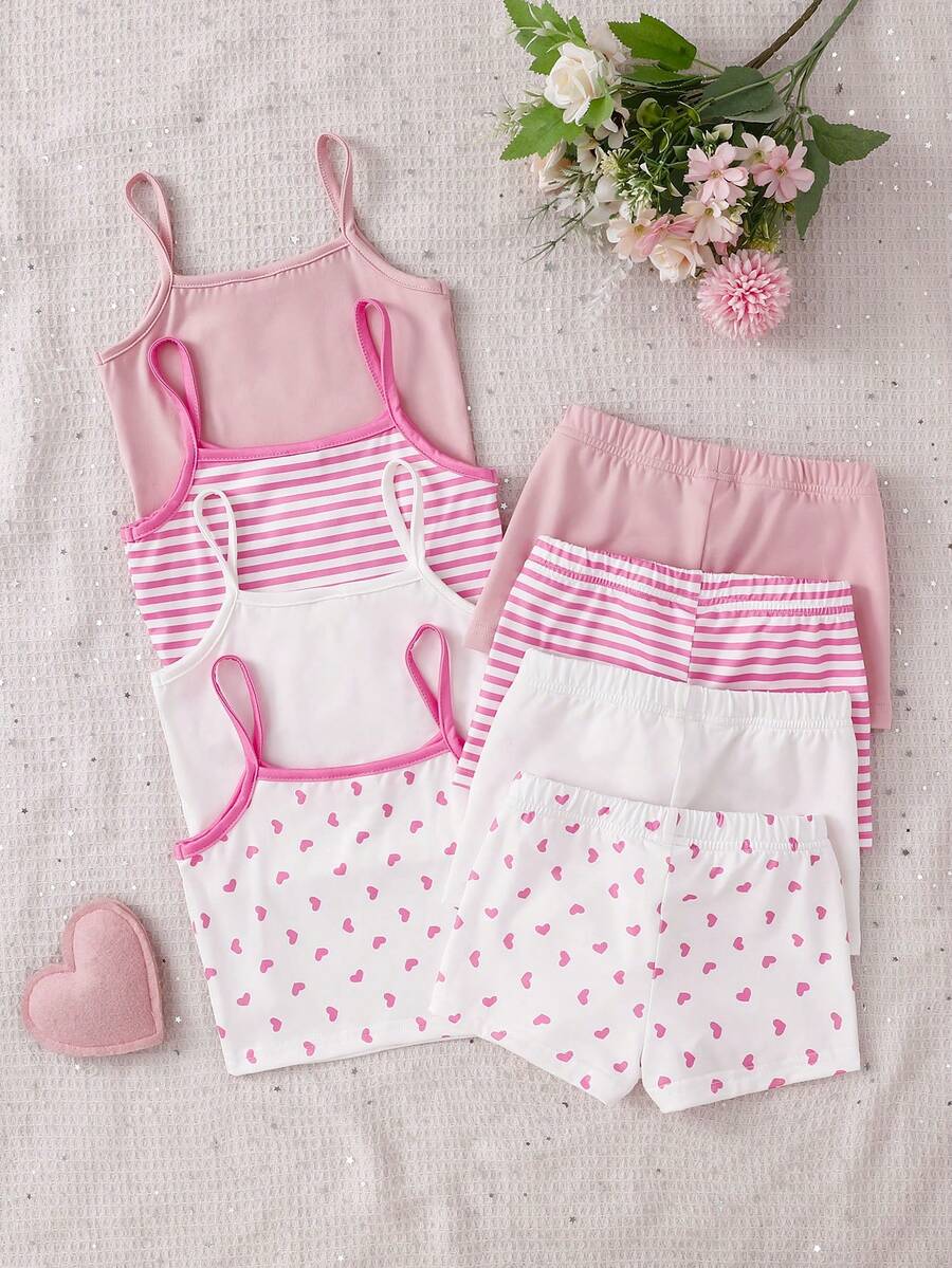 8件組夏季女童幼童簡約時尚粉色與白色甜心條紋印花吊帶上衣與短褲套裝 - 彩色 - 查看 1