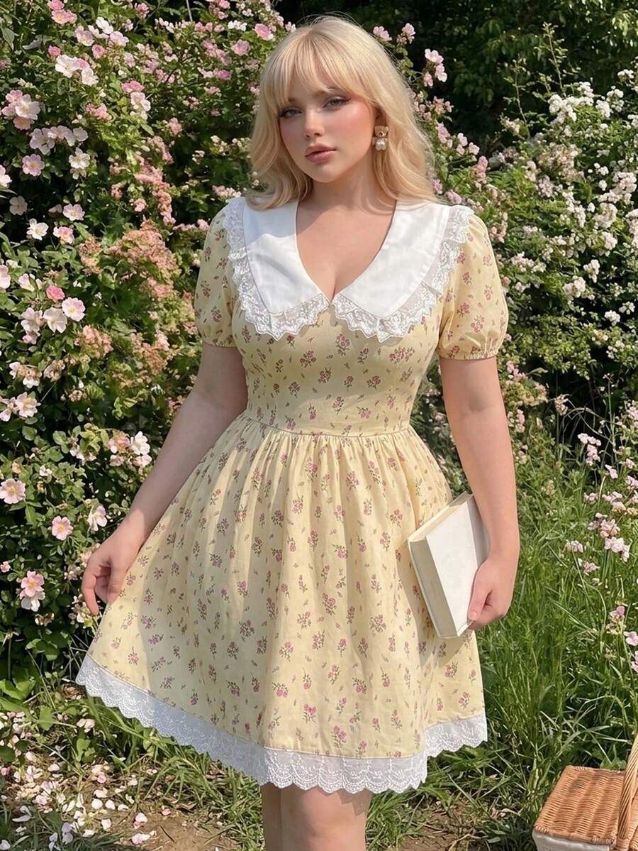 Lyrianda French Elegant Doll Collar Floral Print Puff Sleeve Ruffle Trim A-Line Dress, Suitable For Commute, Vacation And Party - Multicolor - View 1