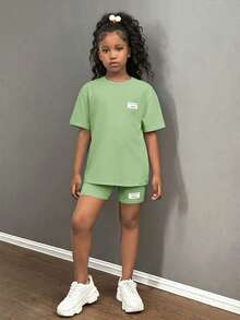 SHEIN 青少年女孩休閒時尚街頭風寬鬆T恤與緊身單車褲2件套 - 綠色 - 查看 6