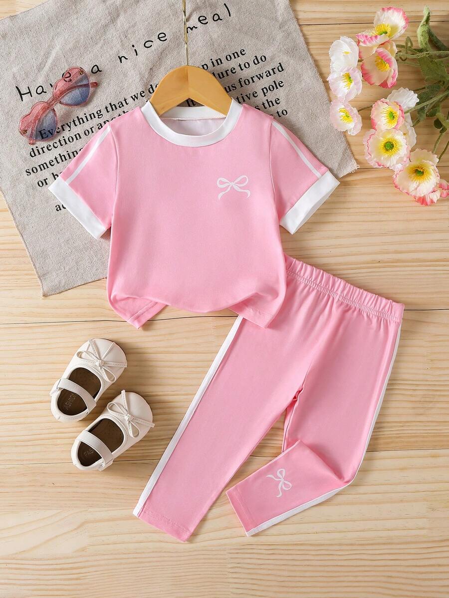 SHEIN 嬰兒/幼童(女童)可愛蝴蝶結印花白色圓領短袖上衣搭配舒適豹紋印花休閒春夏長褲T恤套裝 - 粉色 - 查看 1