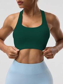 Seamluxe SHEIN Sport Women's Solid Color Sleeveless Short Cropped Yoga Racerback Tank Top Workout Tops Built-In Bra - Army Green - View 6