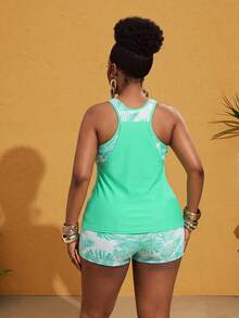 Maweii Conjunto de Tankini con Estampado Aleatorio para Mujer Talla Grande Vacaciones Playa - verde menta - Ver 2