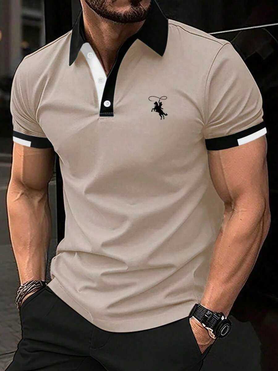 Calvornis Men's Short Sleeve Polo Shirt With Horse Print Cotton, Ceremony - Khaki - View 1