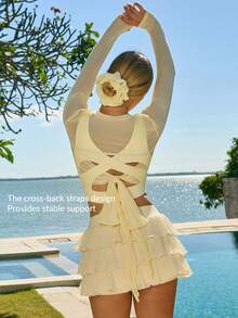 Fluxe Sexy Mesh Hollow Cover-Up For Summer Perfect Airport Outfit Suitable For Tennis Yoga Studio Pilates Daily Wear Cute Summer Outfits Festival Outfits Beach Outfits Sea Going Out Outfits Women's Gym Clothes Gym Female Gym Set Casual Sets Holiday Outfits Vacation Sportswear Workout Sets Yellow Top - Black and White - View 2