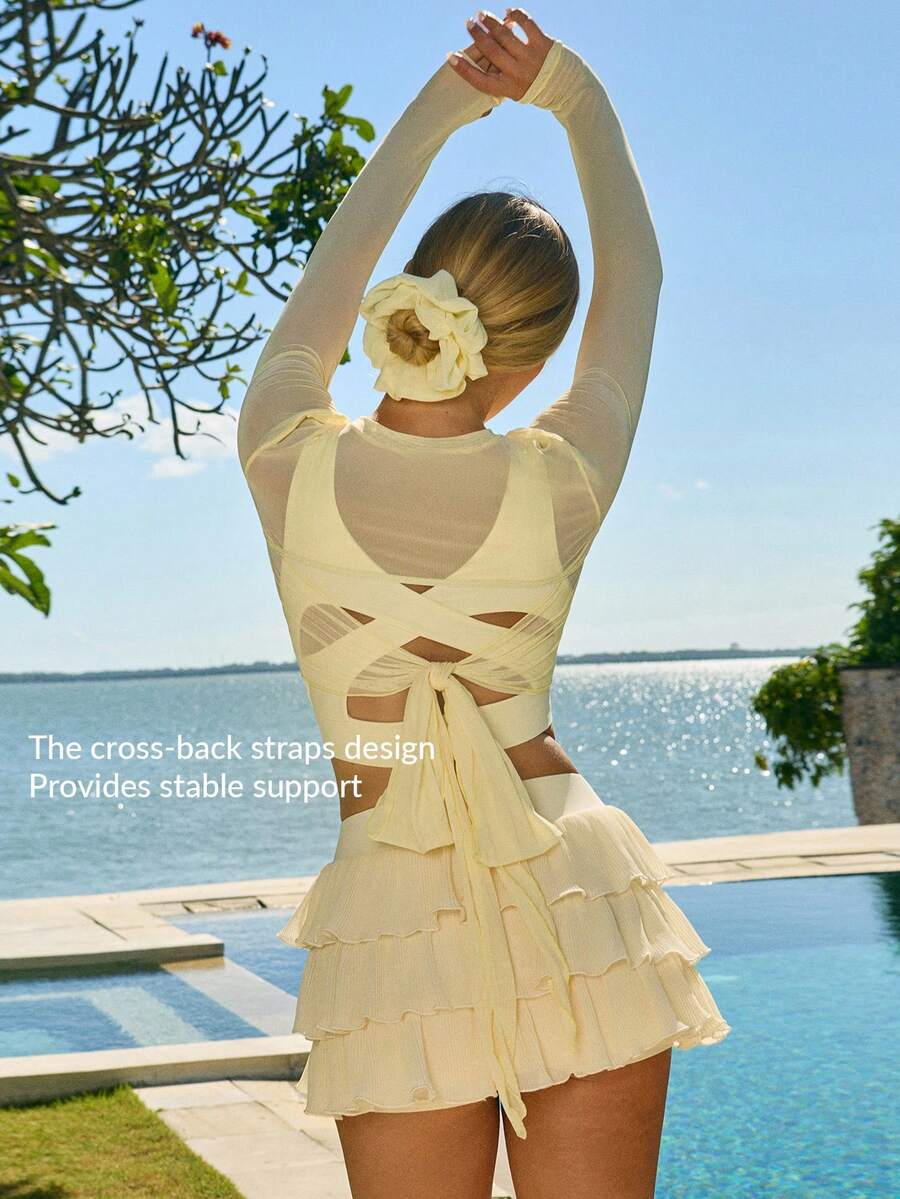 Fluxe Sexy Mesh Hollow Cover-Up For Summer Perfect Airport Outfit Suitable For Tennis Yoga Studio Pilates Daily Wear Cute Summer Outfits Festival Outfits Beach Outfits Sea Going Out Outfits Women's Gym Clothes Gym Female Gym Set Casual Sets Holiday Outfits Vacation Sportswear Workout Sets Yellow Top