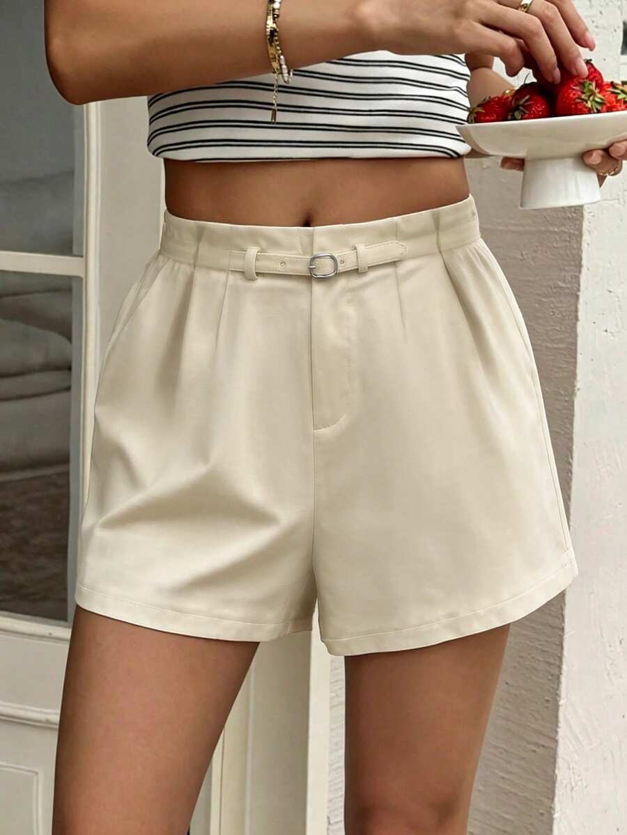 INAWLY Women's French Style Pleated Pocket Casual Shorts, Suitable For Daily Commute And Office Brunch Vacation Wear Beige Summer - Apricot - View 1