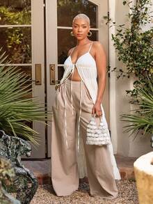 Vixey 100% Cotton Pleated Wide Leg Vacation Pants With Pockets Resort Wear Tropical Beach To Dinner Chic Ready Beige Autumn Casual - Khaki - View 2