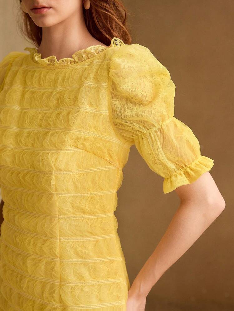 FASHIONABLE DESIGN EXQUISITE ELEGANT LACE EMBROIDERY MESH PETAL SLEEVE WAIST-DEFINING SLIMMING STRETCH VINTAGE WOMEN'S DRESS