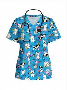 PopScrub Casual Minimalist Uniform Top With Puppy And Floral Print Pattern, Suitable For Pet Hospitals And Children's Hospitals - Multicolor - View 6