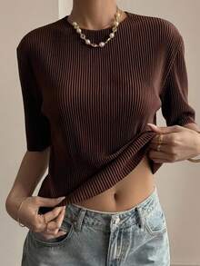DAZY Ladies' Solid Color Pleated Short Sleeve T-Shirt Sheer School - Coffee Brown - View 11
