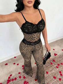 SHEIN SXY Summer Sexy Lace Patchwork Animal Print Cropped Camisole Flare Pants Club Night Out Party Beige Leopard Print - Multicolor - View 6