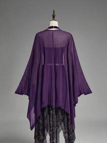 ROMWE Goth Cardigan fin en maille transparente vintage à manches chauve-souris sombres et ourlet asymétrique - Prune - Voir 4