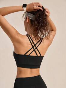 Exploreva Damen Sport-Set mit gekreuzten Trägern, ärmellos, einfarbig, geeignet für Yoga und Outdoor-Sport - Schwarz - Übersicht 3