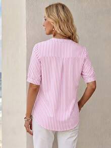 EMERY ROSE Blusa de manga corta con patrón de rayas y bloques de color, adecuada para el trabajo y el uso diario, verano - Multicolor - Ver 2