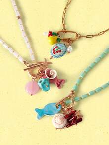 Popjeli 1 Piece, Summer Beach Ocean Vacation Wind Glazed Chain Fruit Cherry Small Fish Coral Starfish Lemon Mushroom Rough Stone Pendant Women's Necklace,Y2K/Cute/Colorful/Chic,DIY,PINK,Summer/Beach/Prom/Part/Vacation/Travel,For Mom/Women/Girl/Mother,Heart,Floral - Multicolor - View 4