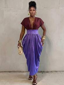 BamGlimmer Women's Contrast Color Deep V-Neck Waist-Defining Fashion Design Long Dress - Purple - View 1