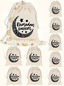 5 10 PCS Ramadan Mubarak Drawstring Bags Celebration Festival Decorations Gift Giving Friends Family Ramadan Eid Mubarak Goodie Bags - multicolor - View 3