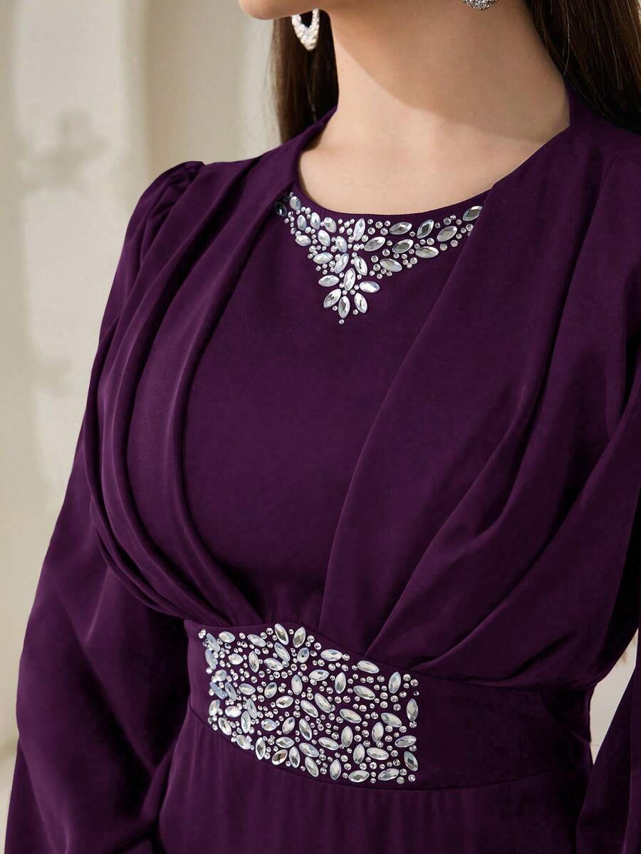Veilorie Plus Size Elegant Party Rhinestone Decorated Dress Fall - Purple - View 1