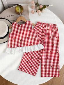 Emery Rose Kids Emery Rose Kids 女童紅色格紋兩件式套裝，無袖上衣搭配寬腿長褲，附蝴蝶結裝飾，適合夏季玩耍，可愛紅色格紋V領上衣與長褲套裝，附荷葉邊與蝴蝶結點綴，女童紅色格紋無袖上衣與長褲套裝，可愛女童兩件式套裝附草莓刺繡，女童衣著套裝，背心上衣套裝 - 紅色 - 查看 4