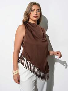 Maija Blusa de talla grande color marrón chocolate, otoño, elegante, sin mangas, cuello drapeado, dobladillo asimétrico con flecos, estilo old money, invitada a boda, casual de negocios - Marrón - Ver 6