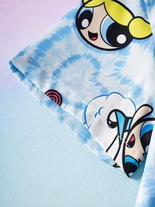 THE POWERPUFF GIRLS X SHEIN 女款卡通印花單排扣短袖上衣與休閒短褲睡衣套裝 - 藍色 - 查看 5