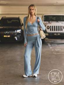 Aralina Leisurewear Casual Active Loungewear Mock Wrap Longsleeve Top Women's 2pcs With Relaxed Tie Waistband Pant Gym Workout Pilates Yoga Two Piece Set - Dusty Blue - View 4