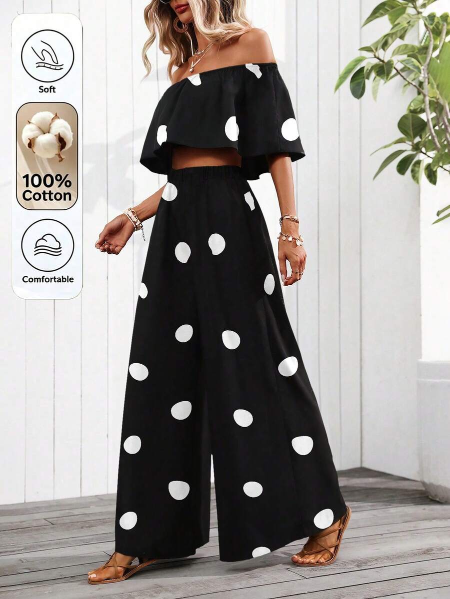 SHEIN Holidaya Women's Spring/Summer New Vacation Casual Off-Shoulder Ruffle Long Pants Two Pieces Set - Black and White - View 1