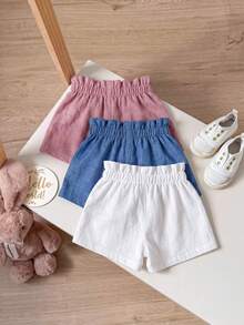 Baby Girl Casual Summer Versatile Solid Color Elastic Waist Shorts 3 Pieces Set - Multicolor - View 2