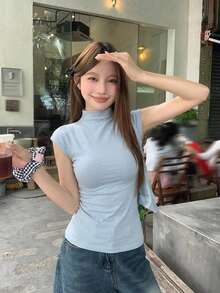 DAZY Women's Plain Color Stand Collar T-Shirt Summer - Blue - View 11