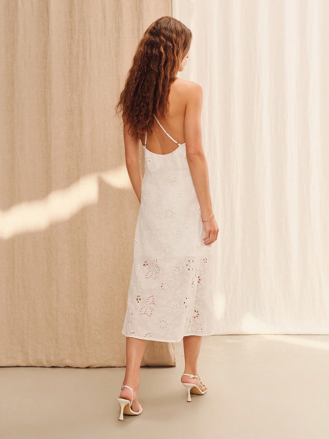 White Broderie Anglaise V Neck Midi Dress Summer Holiday Casual French Style Boho Dress