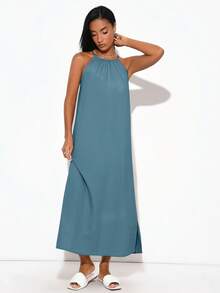 SHEIN BASICS 女款編織掛脖側開衩洋裝 - 水鴨藍 - 查看 4