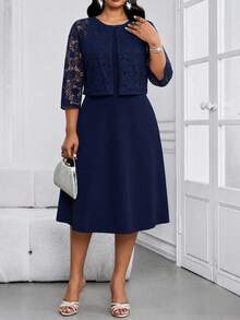 SHEIN Lady CURVE 大尺碼女款圓領蕾絲上衣與裙子休閒日常兩件套 - 藏蓝色 - 查看 3
