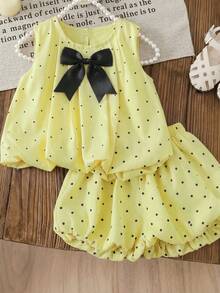 SHEIN Genkimix Kids 2件組少女3D蝴蝶結裝飾休閒時尚無袖上衣 + 休閒時尚純色鬱金香短褲 - 黃色 - 查看 6
