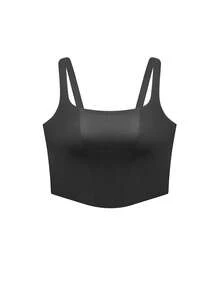 LUVLETTE Bra Tanpa Kawat Tanpa Jahitan 2-in-1 Model Leher Persegi Terintegrasi, Cami Tanpa Punggung, Bra Santai Panjang, Atasan Tank Top Hitam Dasar - Hitam - View 7