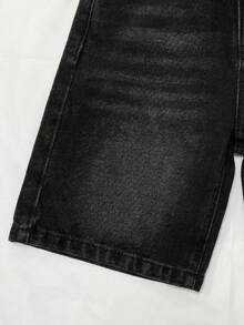 SHEIN 1件男童黑色牛仔寬鬆短褲，適合夏季休閒運動、外出、度假、上學 - 黑色 - 查看 4