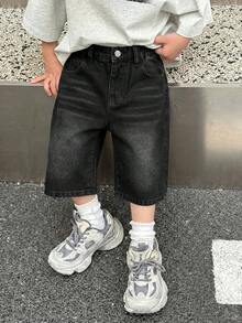 SHEIN 1件男童黑色牛仔寬鬆短褲，適合夏季休閒運動、外出、度假、上學 - 黑色 - 查看 9
