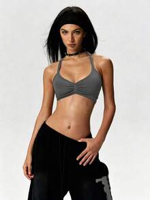 SHEIN Seamless Halter Neck Backless Ruched Solid Color Lace-Up Sports Tank Top - Dark Grey - View 2