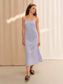 lacRébo Vestido midi de tirantes con estampado floral lila, abertura lateral y espalda abierta, vestido de satén casual de verano para vacaciones y noche - Púrpura malva - Ver 3