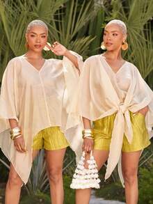Vixey Top cape en mousseline texturée transparente, tenue de villégiature, vacances, tropical, de la plage au dîner, chic de villégiature, prêt pour les vacances, beige, automne, décontracté - Kaki - Voir 4