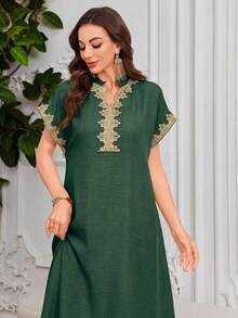 Al Najma Embroidered Collar Flower Shoulder Sleeve Small Stand Collar Elegant Dress - Dark Green - View 1