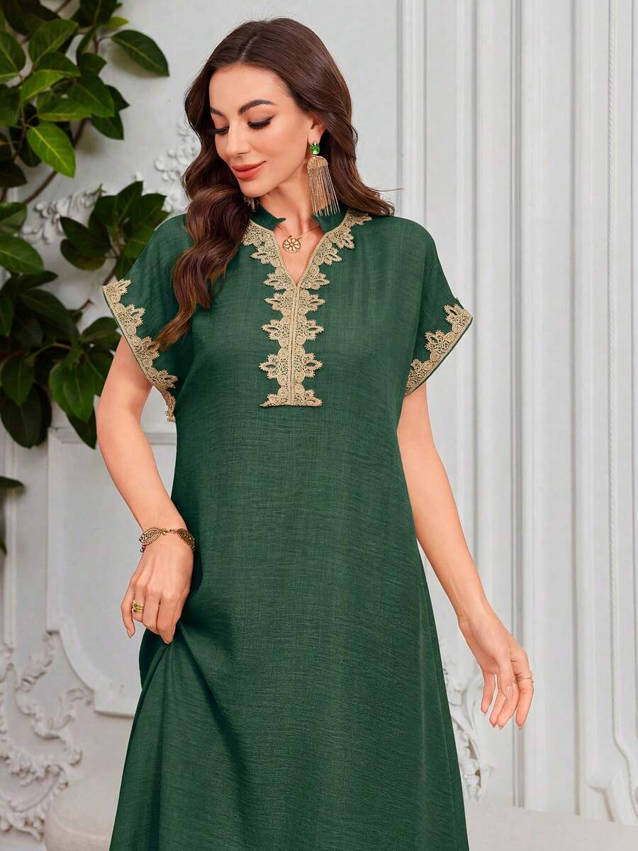 Al Najma Embroidered Collar Flower Shoulder Sleeve Small Stand Collar Elegant Dress - Dark Green - View 1