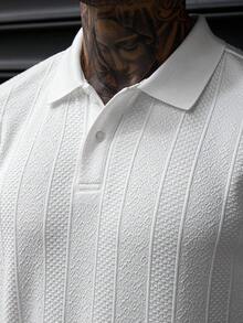 Manfinity CasualCool 男士紋理提花 Polo 衫，休閒日常短袖上衣，通勤與休閒必備，正式場合適用 - 白色 - 查看 5