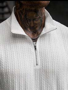 Manfinity CasualCool 男士短袖立領半鈕扣T恤，白色直條紋紋理提花面料，彈性柔軟舒適面料，修身版型，適合老錢風、日常休閒、週末出遊、戶外活動、旅行探險、輕鬆工作環境或半正式場合，適合作為男朋友/丈夫的禮物，週年/生日派對、夏季度假婚禮，春/夏時尚套裝 - 白色 - 查看 6