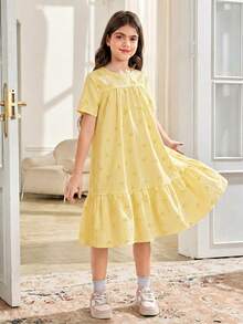 SHEIN Vestido corto casual holgado de línea A con cuello redondo, manga corta y lazo a rayas para niña preadolescente - Amarillo - Ver 5