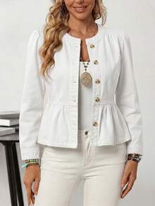 EMERY ROSE Women's Casual Elegant Solid Color Denim Jacket, Spring/Autumn Brunch White - White - View 5