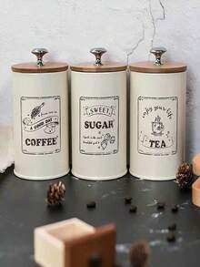 3pcs Bamboo Lid Sealed Coffee Sugar Tea Storage Jar Set 3-Piece Creative Sealed Moisture-Proof Kitchen Sealed Jar Back To School - Multicolor - View 15
